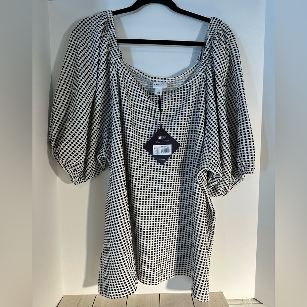 Ava & Viv Black and White checkered Blouse puff sleeves SZ 4X NWTS